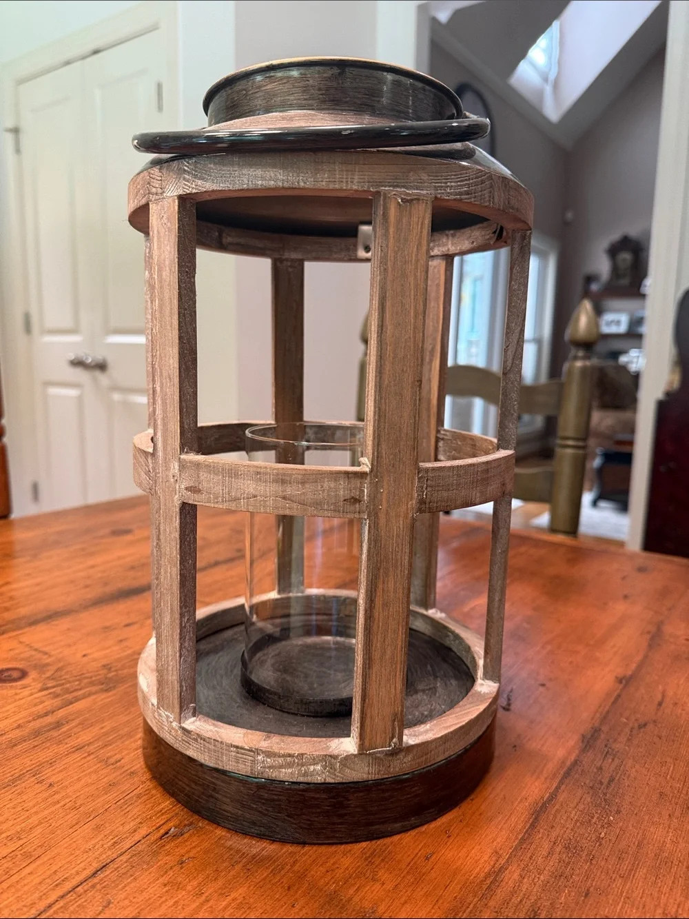 Kirklands Round Metal & Wood Glass Globe Farmhouse Candle Lantern